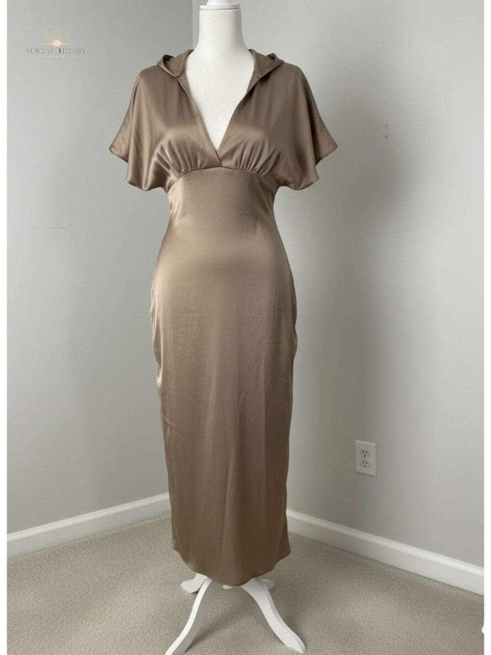 Satin V Neck Puff Sleeve Midi Dress Open Back Wedding Guest Cocktail